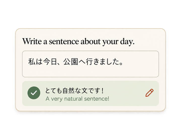 A written sentence in Japanese with supportive feedback beneath it.